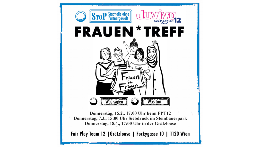 Illustriertes Plakat des Frauen*treff mit fünf verschiedenen gezeichneten Frauen